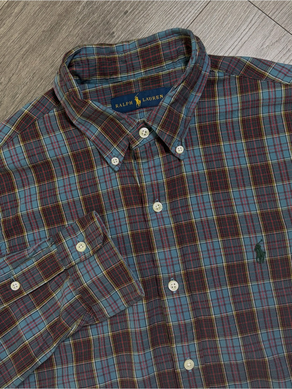 Ralph Lauren Long Sleeve Button Up Shirt Size M Brown Blue Tartan Plaid Pony